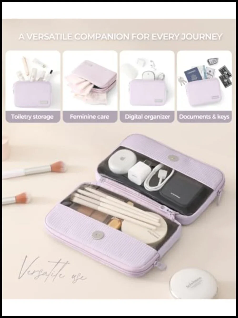 Double Detachable Makeup Bag, 180° Lay-Flat Corduroy Cosmetic Organizer,